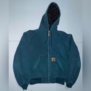 Vintage 90s Carhartt J68dtl J68 Dtl Dark Teal Green Hooded Jacket Quilt Lined L
